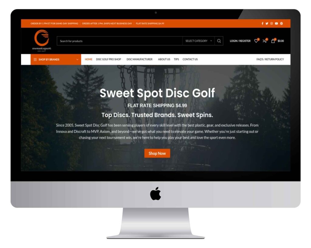 Sweetspotdiscgolf WooCommerce website design showcasing a modern, fast, and user-friendly disc golf online store