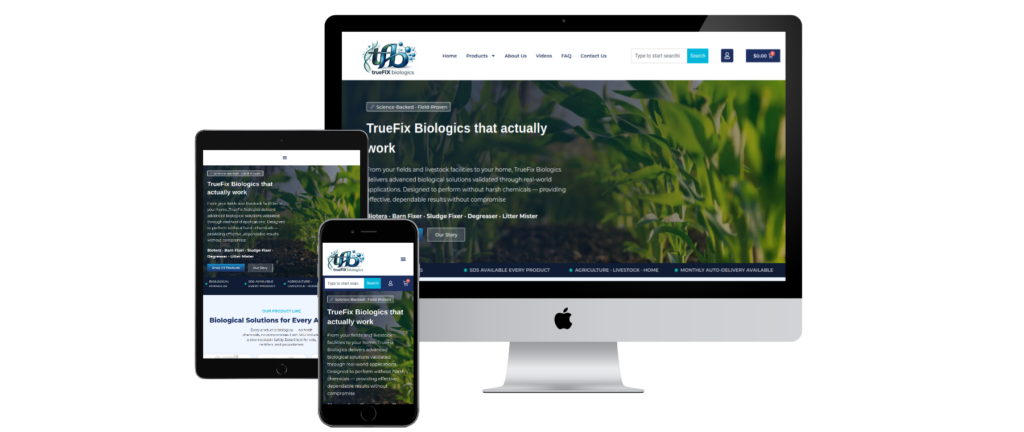 TrueFix Biologics WooCommerce website showcasing research peptides, laboratory products, secure checkout, and advanced product search