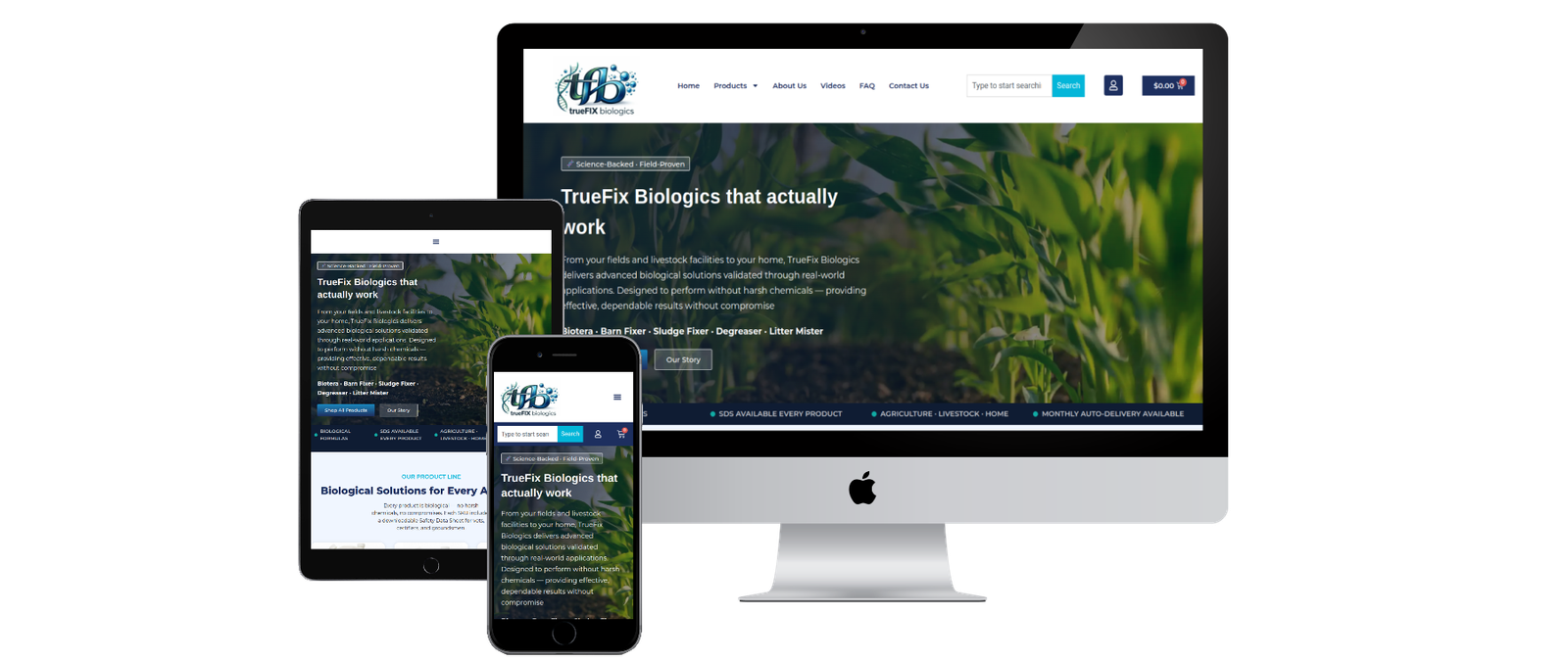 TrueFix Biologics WooCommerce website showcasing research peptides, laboratory products, secure checkout, and advanced product search