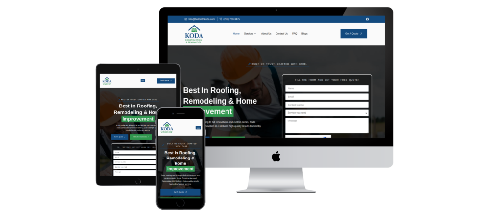 Buildwithkoda WordPress website showcasing custom home building services, completed home portfolio, and consultation booking