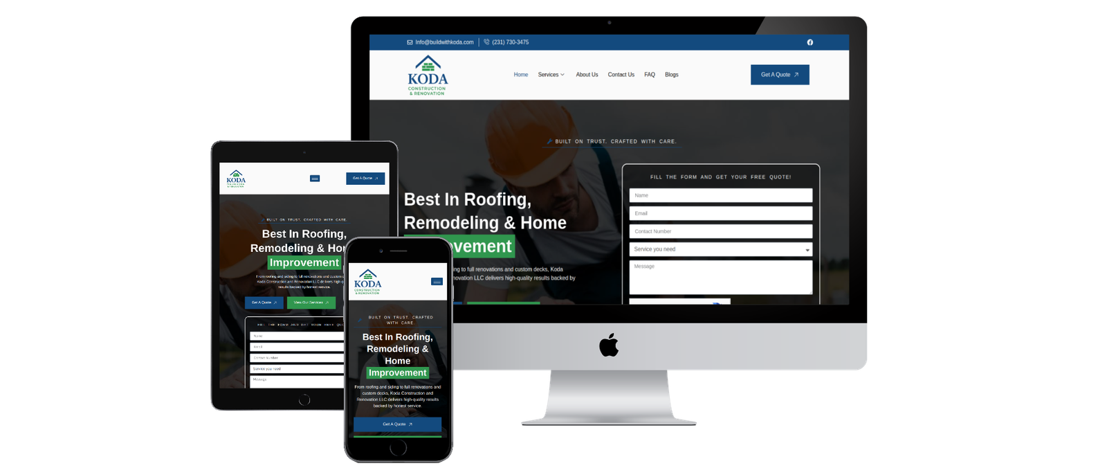 Buildwithkoda WordPress website showcasing custom home building services, completed home portfolio, and consultation booking