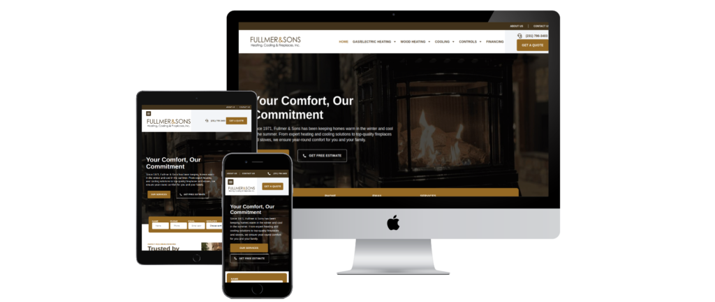 Fullmer & Sons WordPress HVAC website showcasing heating, cooling, fireplace services, and online estimate request forms