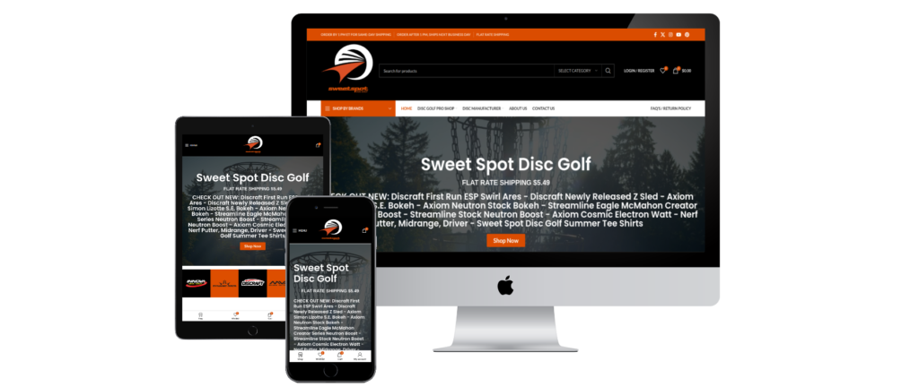 Sweet Spot Disc Golf WooCommerce website featuring premium disc golf equipment, product categories, and secure online checkout