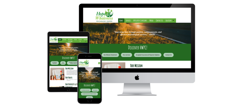Hope and Wholeness Psychology WordPress website featuring therapy services, therapist profiles, appointment requests, and multi-location support