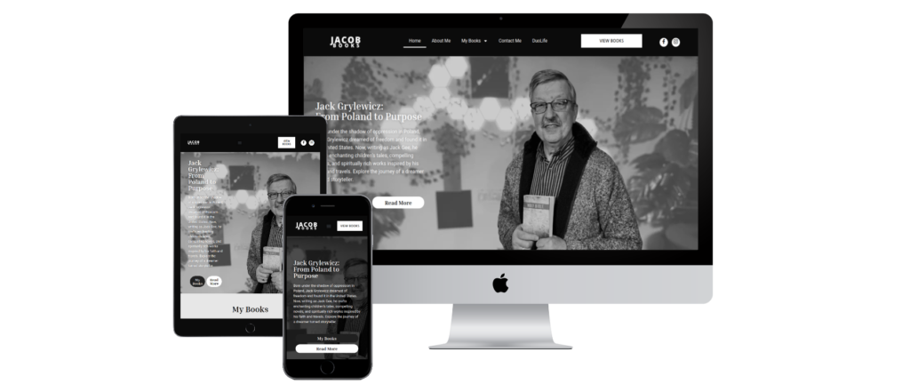 Jacob’s Books WordPress author website showcasing novels, children’s books, author biography, and book purchase links