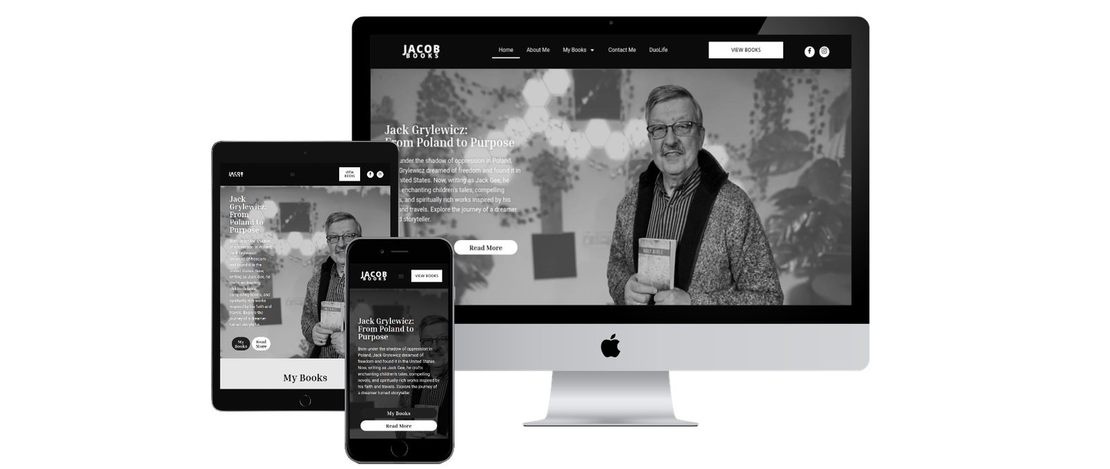 Jacob’s Books WordPress author website showcasing novels, children’s books, author biography, and book purchase links