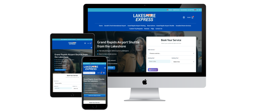Lakeshore Express WordPress transportation website with airport shuttle booking, reservation system, and responsive design