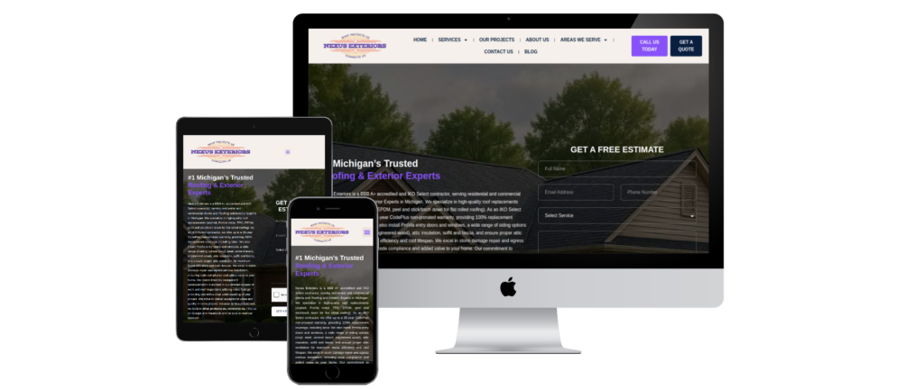 MyRoofNexus WordPress roofing website showcasing roof inspections, exterior services, and free estimate request forms