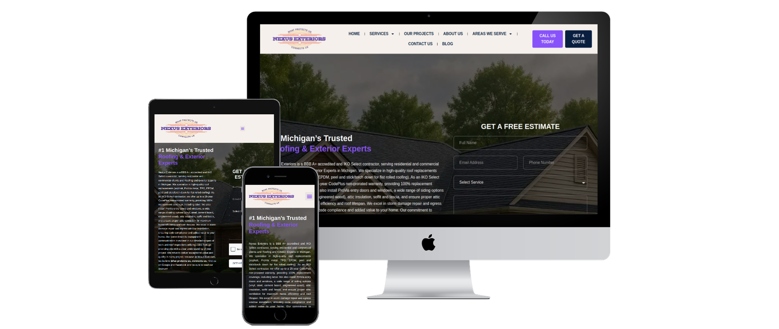 MyRoofNexus WordPress roofing website showcasing roof inspections, exterior services, and free estimate request forms