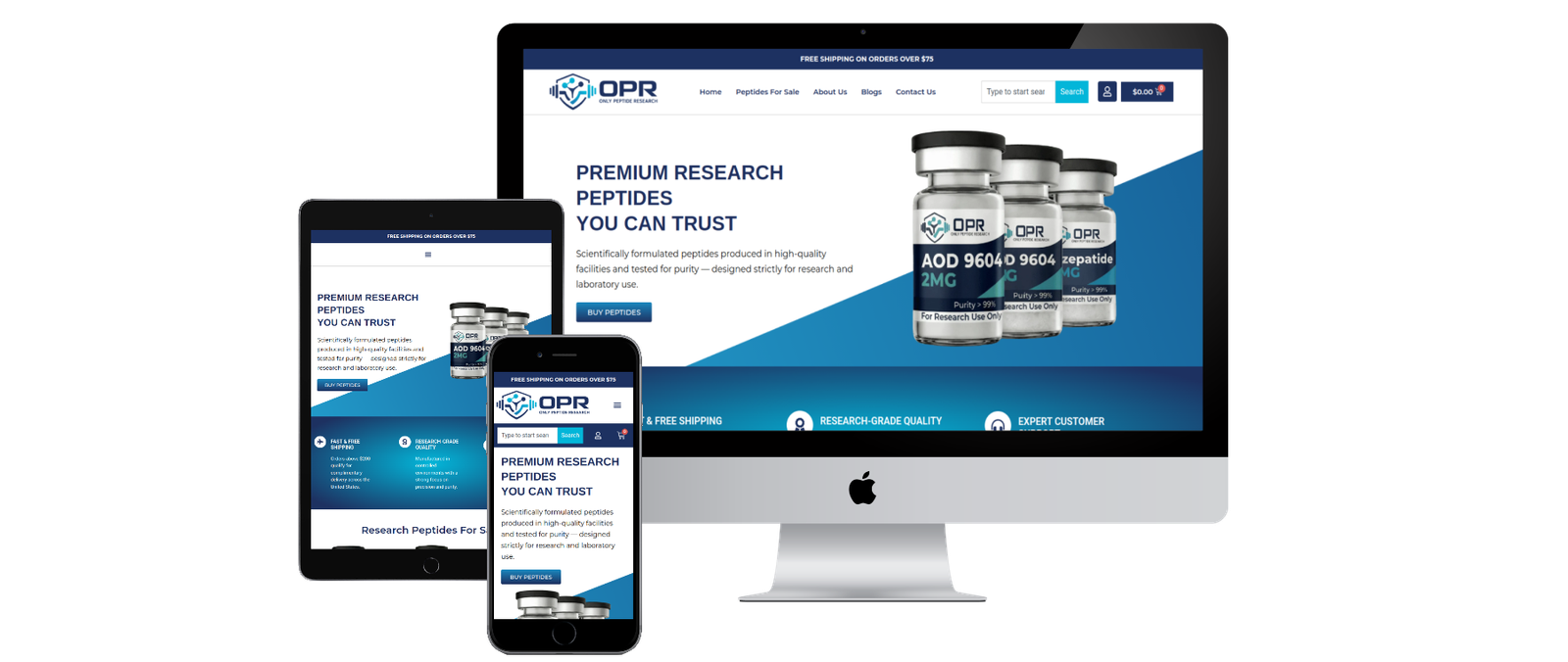 Only Peptide Research WooCommerce website featuring research peptide products, advanced search, and secure online checkout