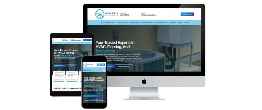 Refresh PMS WordPress website showcasing property maintenance, HVAC, plumbing, remodeling, flooring services, and online quote request