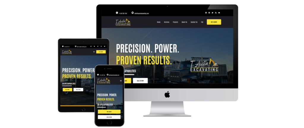 T. Austin Excavating WordPress website showcasing excavation services, land development projects, portfolio, and free estimate request forms